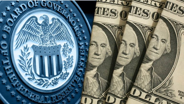 US Federal Reserve Crest alongside US Dollar Bank Notes