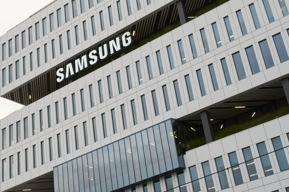 Samsung: The Samsung logo seen at Samsung Semiconductor headquarters.