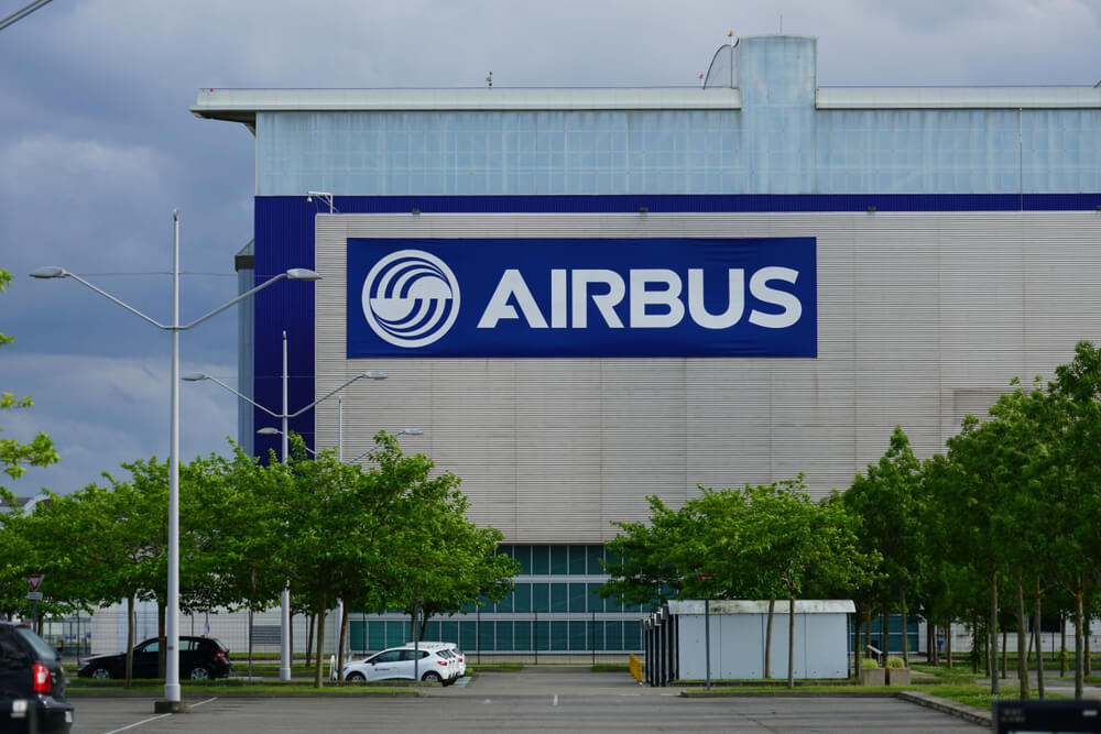 Airbus: View of the Airbus logo at the Airbus factory.