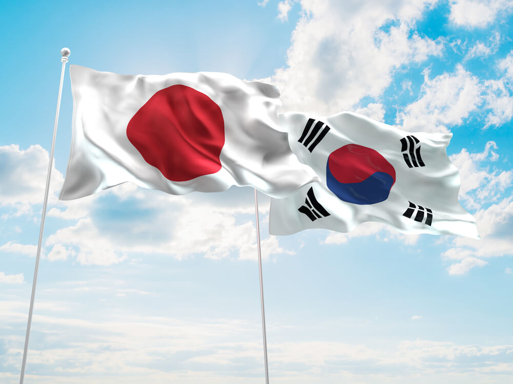 Asian Market: Japan & South Korea Flags are waving in the sky.