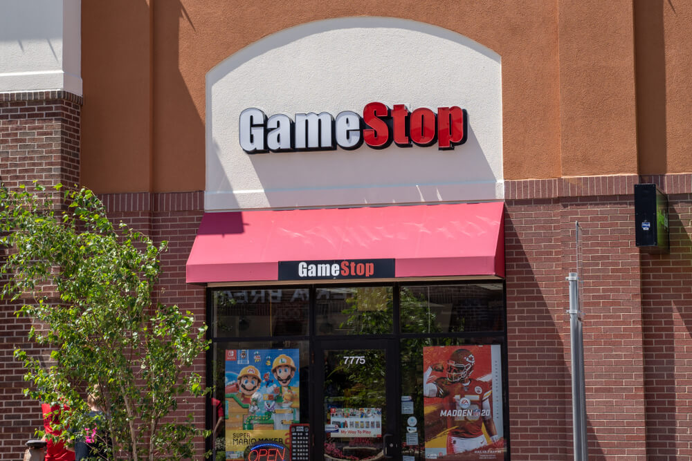 GameStop: Exterior of a GameStop retail store.
