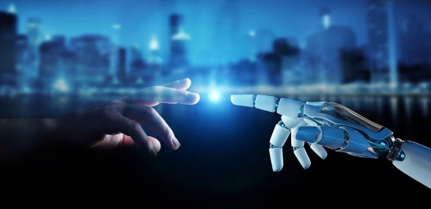 The picture displays white cyborg finger about to touch human finger on city background 3D rendering – Finance Brokerage