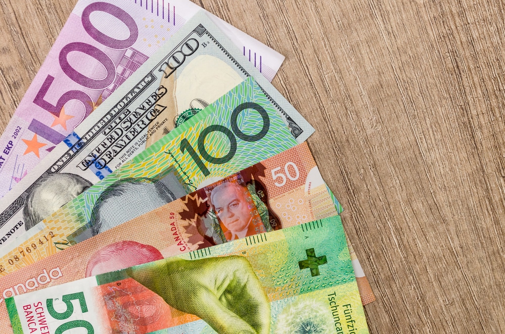USD / CAD, dólar estadounidense, euro europeo, franco suizo, dólar canadiense, billetes de dólar australiano
