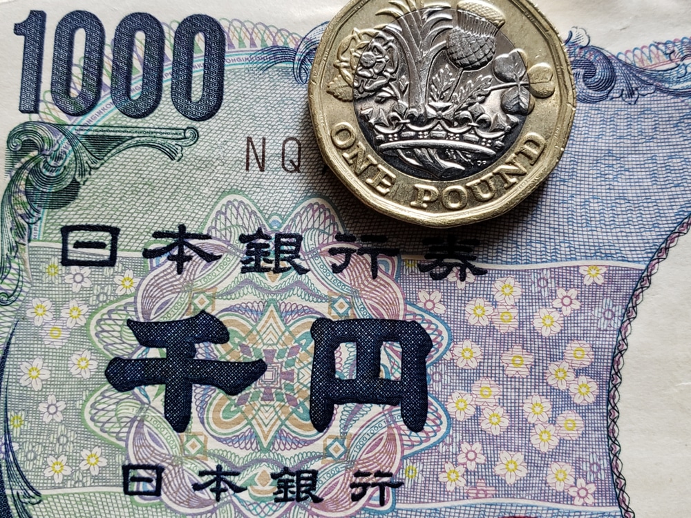 approach to japanese banknote of 1000 yen and coin of one sterling pound, background and texture