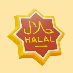3D star-shaped Halal certification emblem with the word 'HALAL' and its Arabic script on a red center, set against a yellow background.