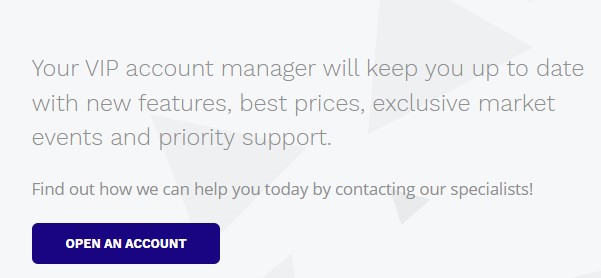 Account specifications at bankefex.com: Promotional message highlighting the benefits of a VIP account, including updates on new features, best prices, exclusive market events, and priority support with a call-to-action to open an account.