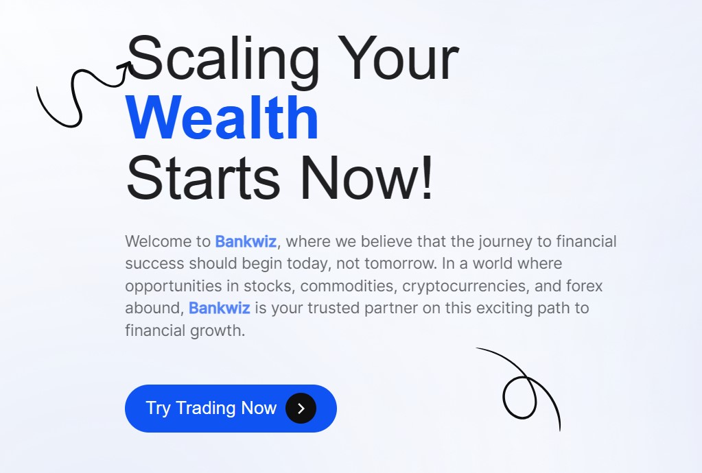 Bankwiz Review: Web banner promoting Bankwiz with a tagline 'Scaling Your Wealth Starts Now!' Featuring a call-to-action button labeled 'Try Trading Now', it highlights opportunities in stocks, commodities, cryptocurrencies, and forex, positioning Bankwiz as a trusted partner for financial growth.