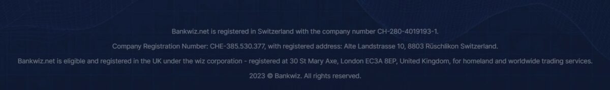 Dark blue footer banner displaying regulatory information for Bankwiz.net, indicating registration in Switzerland and the UK, with company numbers and addresses provided, emphasizing its global trading services for 2023. All rights reserved statement included.