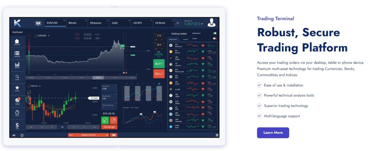 Screenshots of Korata's robust and secure trading terminal interface, showcasing ease of use, advanced technical analysis tools, and multi-asset technology for trading in currencies, stocks, commodities, and indices.