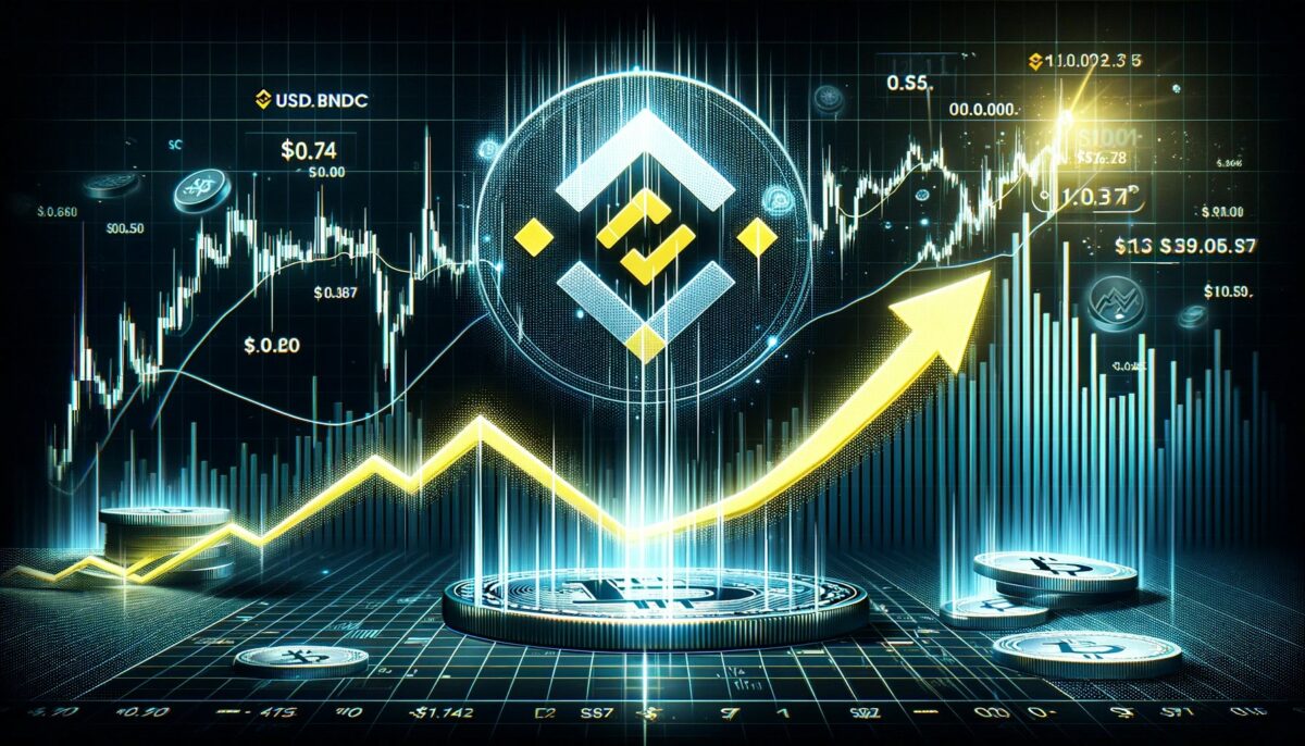 Digital artwork depicting a graph showing the USDC stablecoin falling from $1 to $0.74, then quickly bouncing back to $1 against the backdrop
